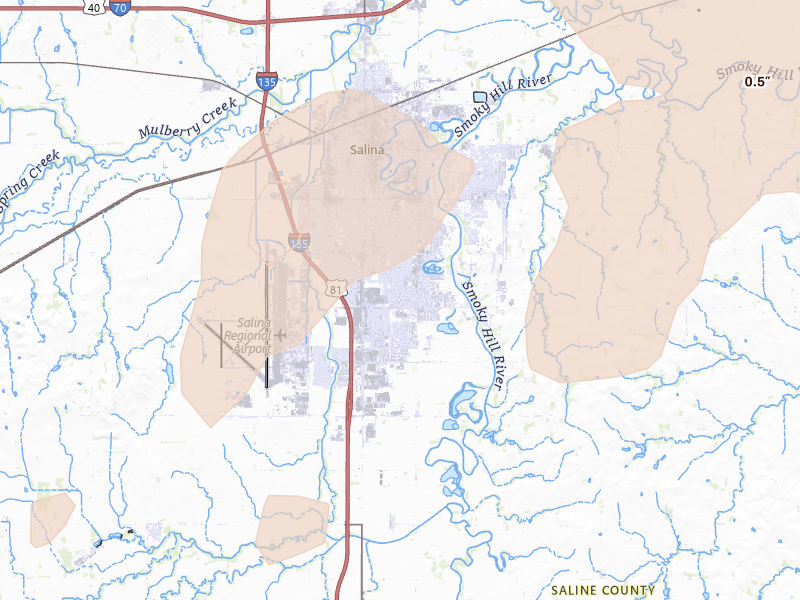 Radar-estimated hail-size map of the storm over Salina, KS on Aug 13, 2026