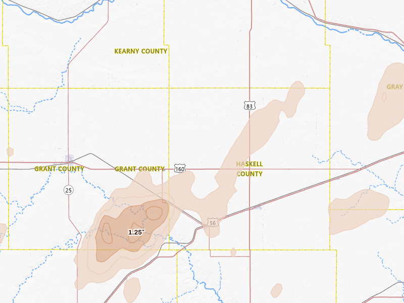 Radar-estimated hail-size map of the storm over Satanta, KS on Jun 9, 2026