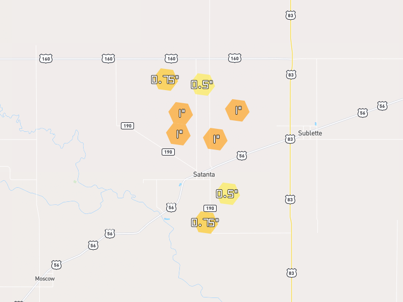 Hail map of Satanta, KS on Jun 9, 2026, hail up to 1"