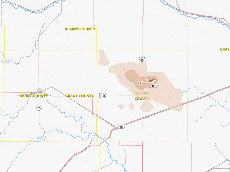 Radar-estimated hail-size map of the storm over Satanta, KS on Jun 23, 2026