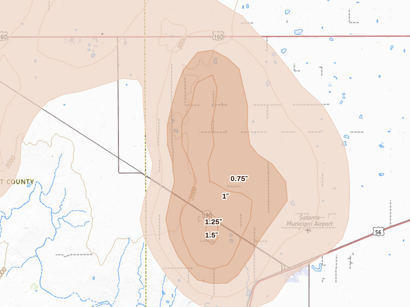 Radar-estimated hail-size map of the storm over Satanta, KS on Aug 15, 2026