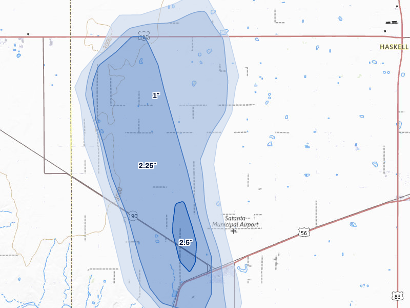 NEXRAD radar-signature map of the hail storm over Satanta, KS on Aug 15, 2026