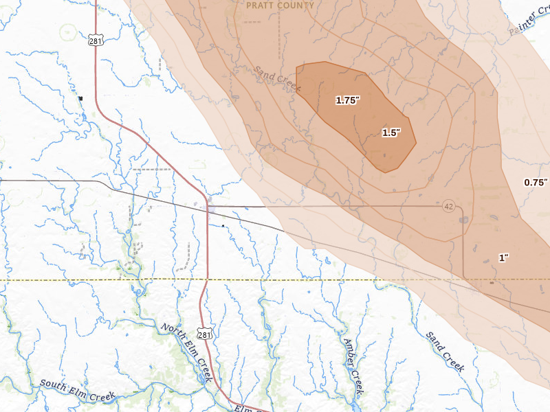 Radar-estimated hail-size map of the storm over Sawyer, KS on Apr 25, 2026