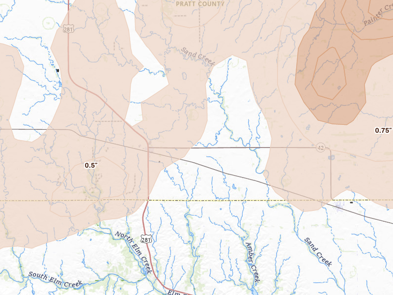 Radar-estimated hail-size map of the storm over Sawyer, KS on May 18, 2026
