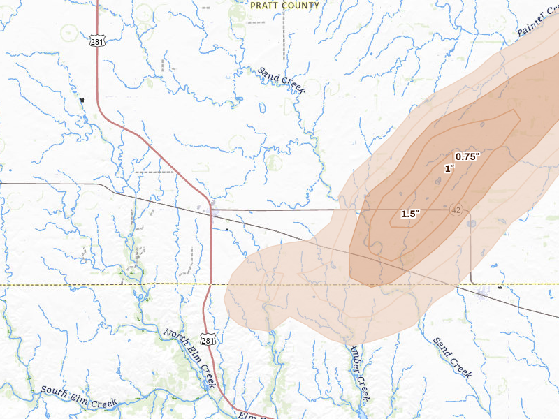 Radar-estimated hail-size map of the storm over Sawyer, KS on May 29, 2026