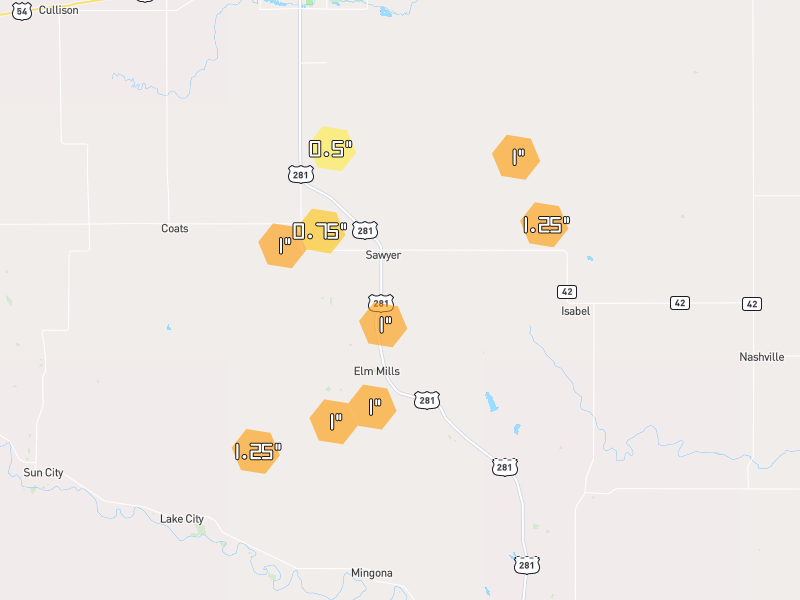 Hail map of Sawyer, KS on Jun 2, 2026, hail up to 1.25"