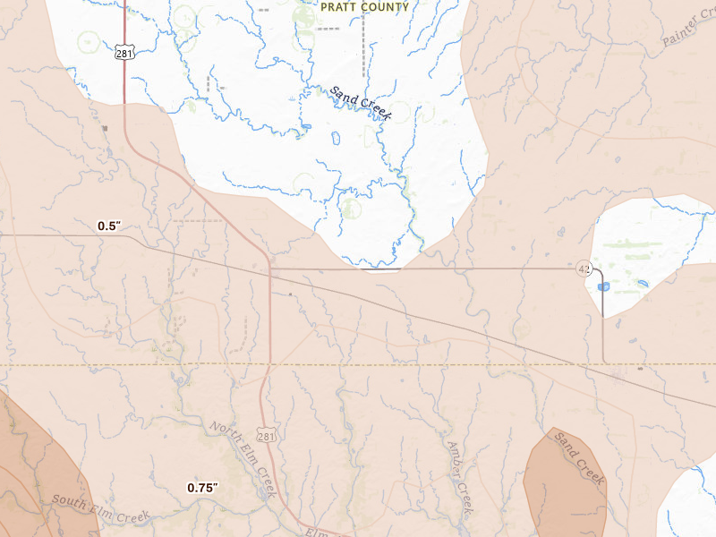 Radar-estimated hail-size map of the storm over Sawyer, KS on Jun 20, 2026