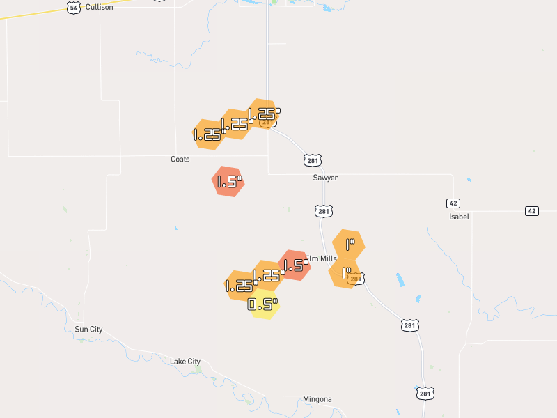 Hail map of Sawyer, KS on Jun 27, 2026, hail up to 1.5"