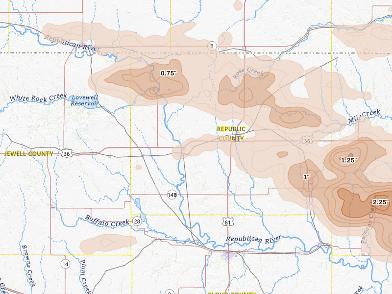Radar-estimated hail-size map of the storm over Scandia, KS on Apr 9, 2026