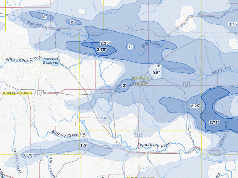 NEXRAD radar-signature map of the hail storm over Scandia, KS on Apr 9, 2026