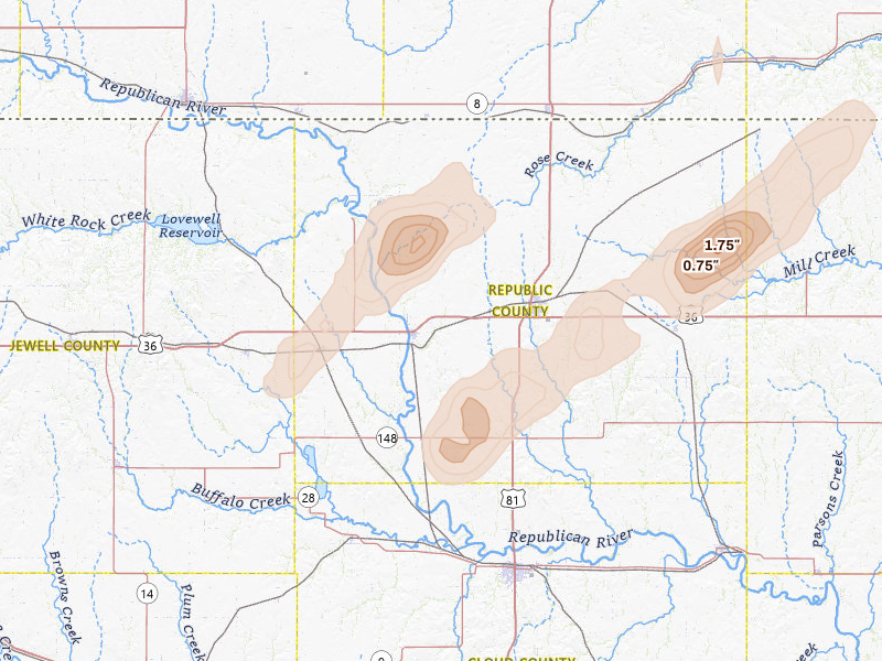 Radar-estimated hail-size map of the storm over Scandia, KS on Apr 11, 2026