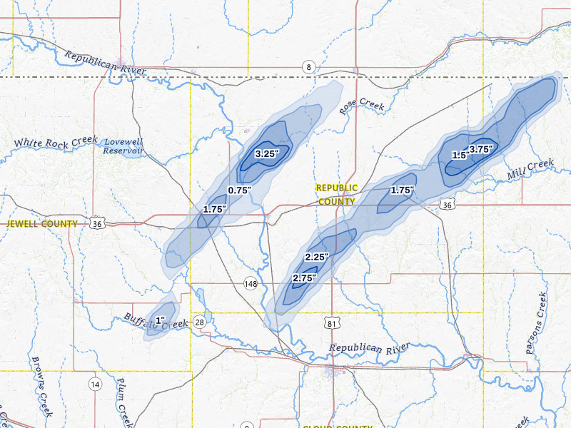 NEXRAD radar-signature map of the hail over Scandia, KS