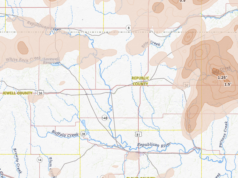 Radar-estimated hail-size map of the storm over Scandia, KS on May 16, 2026