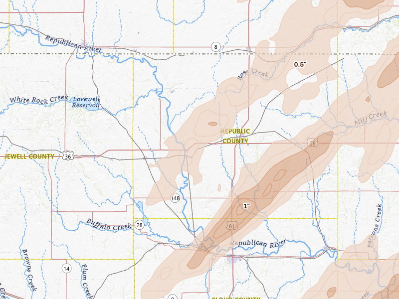 Radar-estimated hail-size map of the storm over Scandia, KS on May 18, 2026