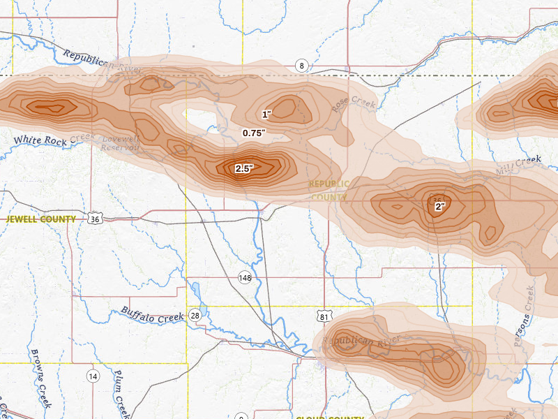 Radar-estimated hail-size map of the storm over Scandia, KS