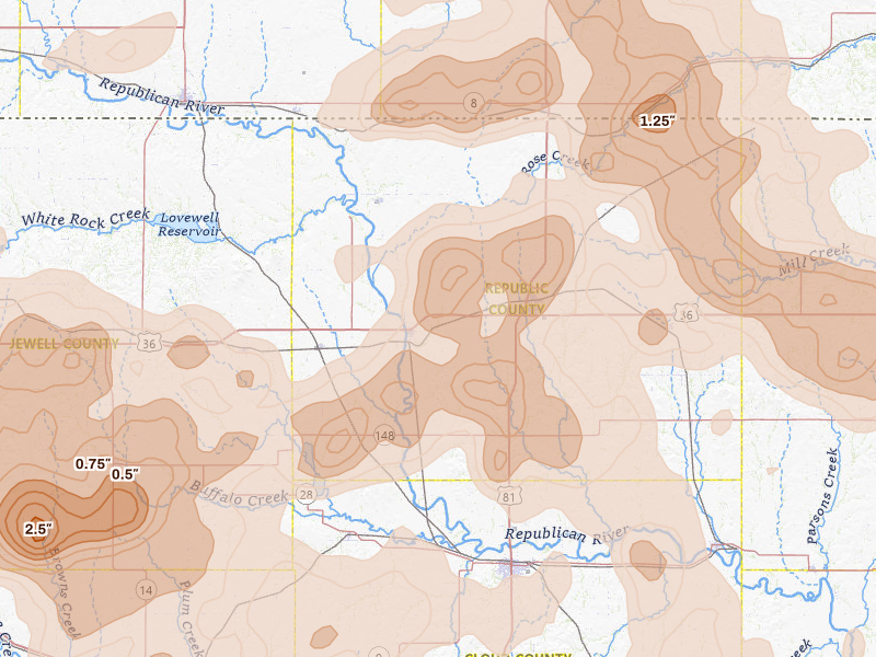 Radar-estimated hail-size map of the storm over Scandia, KS on Jul 3, 2026