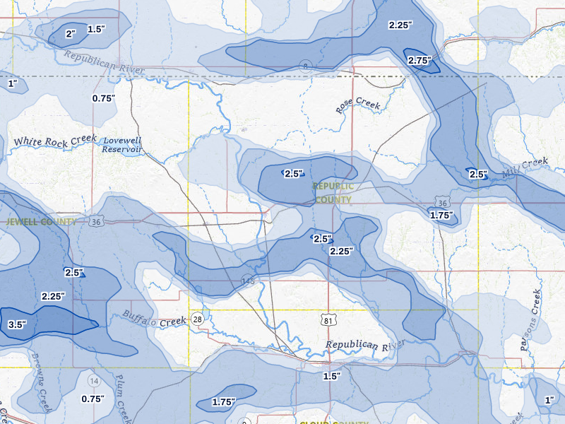 NEXRAD radar-signature map of the hail storm over Scandia, KS on Jul 3, 2026