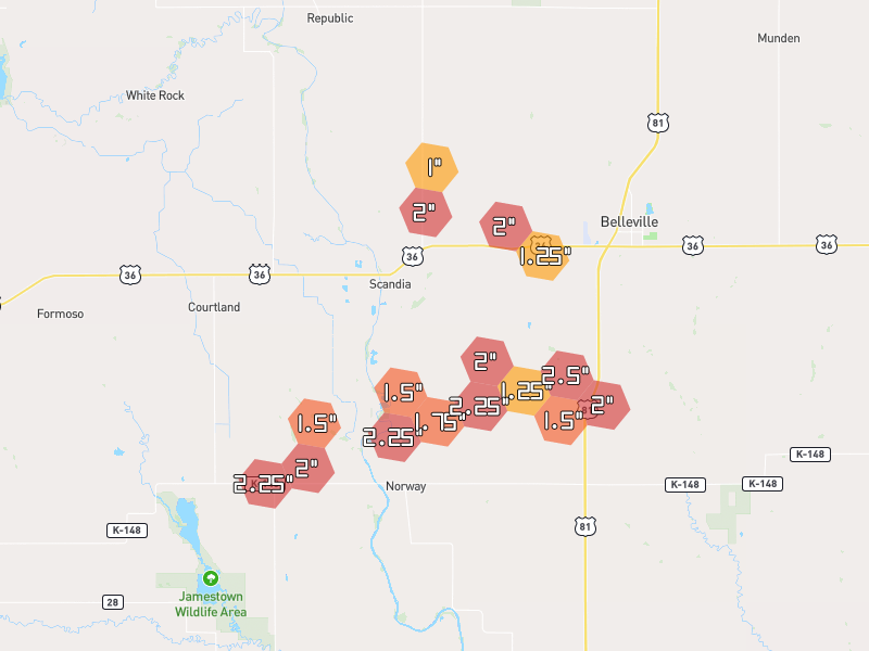 Hail map of Scandia, KS on Jul 4, 2026, hail up to 2.5"