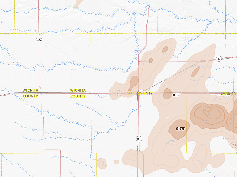 Radar-estimated hail-size map of the storm over Scott City, KS on Jun 1, 2026