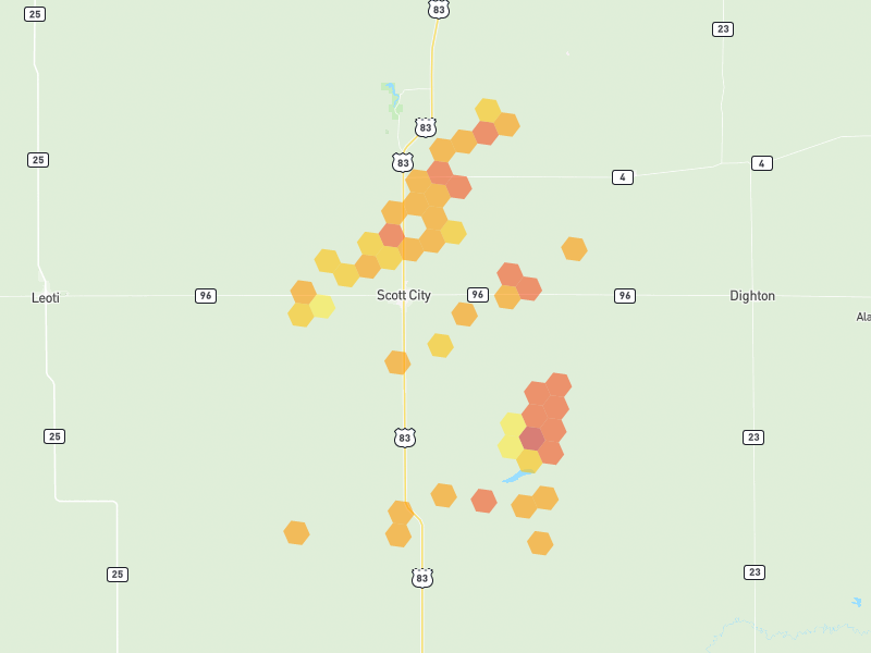 Hail map of Scott City, KS on Jun 1, 2026, hail up to 2"
