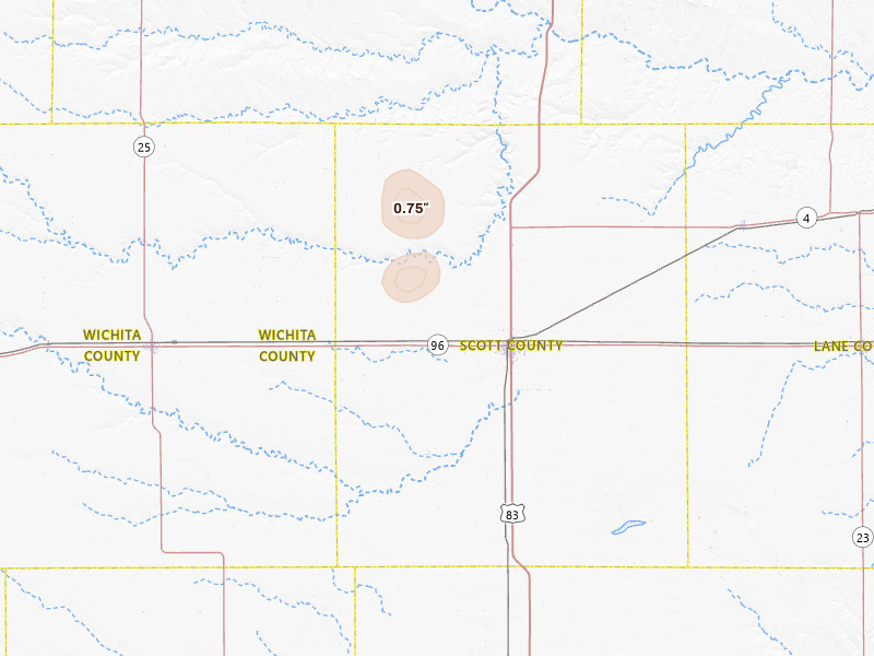 Radar-estimated hail-size map of the storm over Scott City, KS on Jun 5, 2026