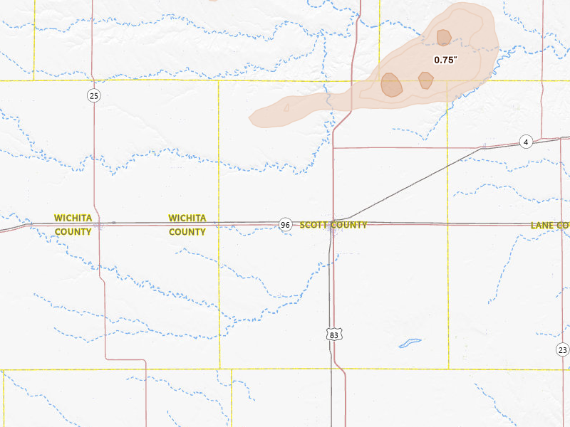 Radar-estimated hail-size map of the storm over Scott City, KS on Jun 12, 2026
