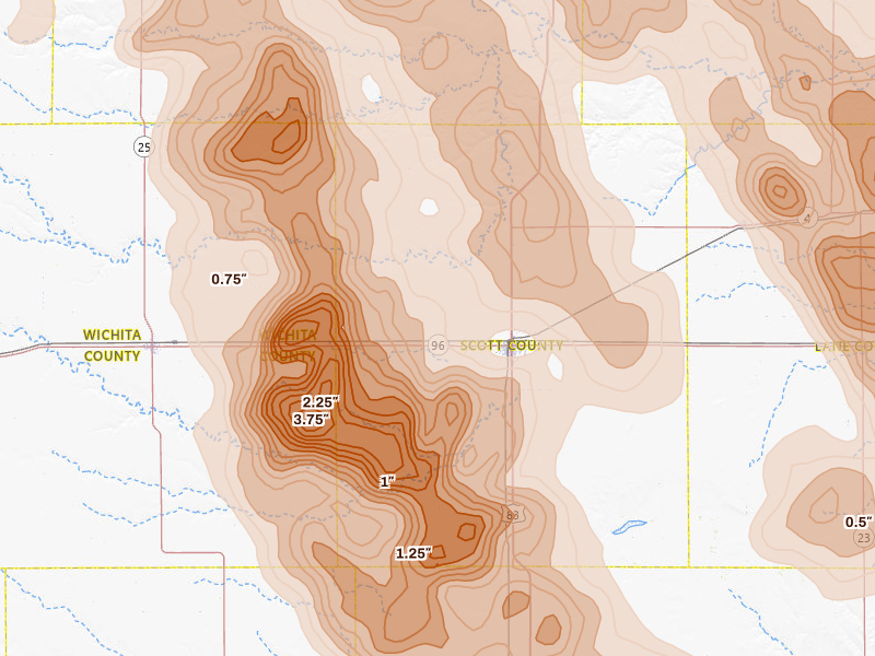 Radar-estimated hail-size map of the storm over Scott City, KS on Jun 20, 2026