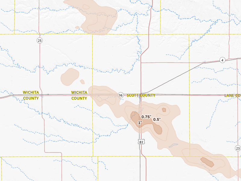 Radar-estimated hail-size map of the storm over Scott City, KS on Jun 23, 2026