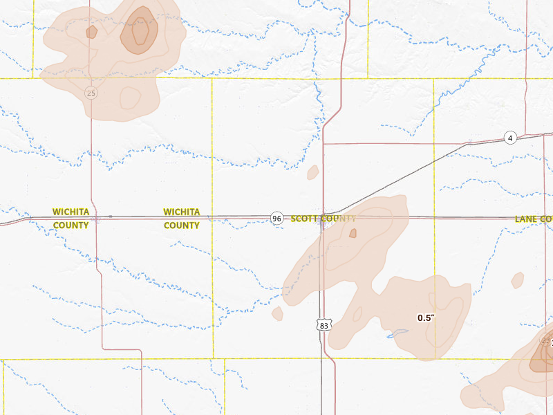 Radar-estimated hail-size map of the storm over Scott City, KS on Jun 24, 2026