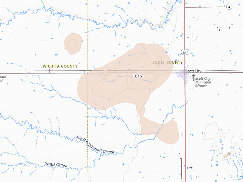 Radar-estimated hail-size map of the storm over Scott City, KS on Aug 9, 2026