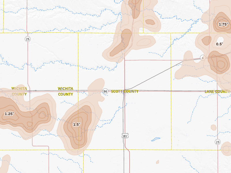 Radar-estimated hail-size map of the storm over Scott City, KS on Aug 13, 2026