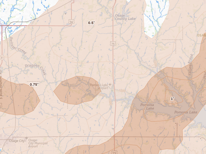 Radar-estimated hail-size map of the storm over Scranton, KS on Apr 13, 2026