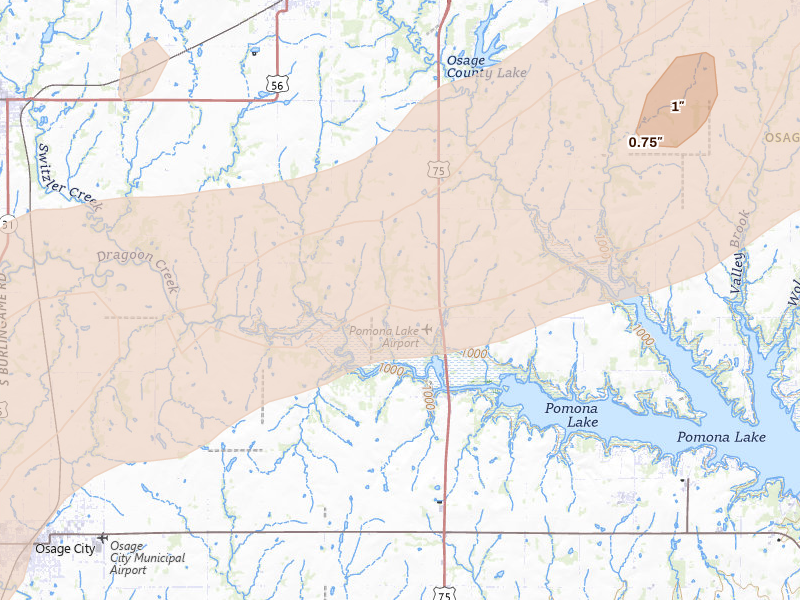 Radar-estimated hail-size map of the storm over Scranton, KS on Apr 17, 2026