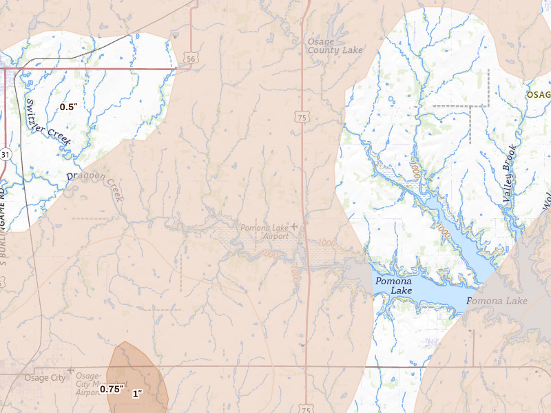 Radar-estimated hail-size map of the storm over Scranton, KS on Apr 26, 2026