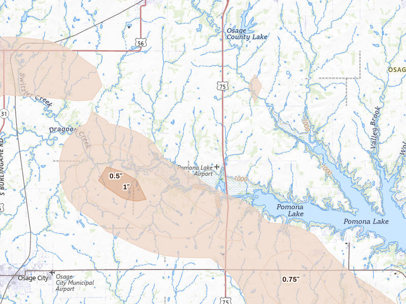 Radar-estimated hail-size map of the storm over Scranton, KS on Jul 4, 2026