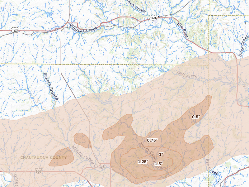 Radar-estimated hail-size map of the storm over Sedan, KS on Apr 3, 2026