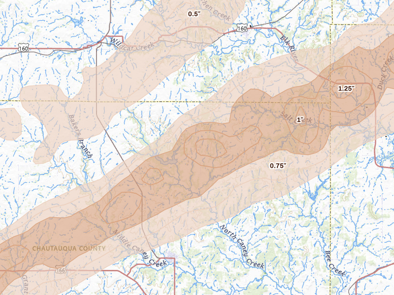 Radar-estimated hail-size map of the storm over Sedan, KS on Apr 17, 2026