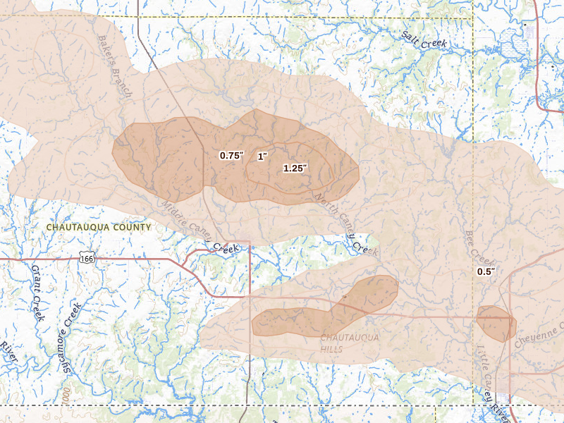 Radar-estimated hail-size map of the storm over Sedan, KS on Apr 25, 2026
