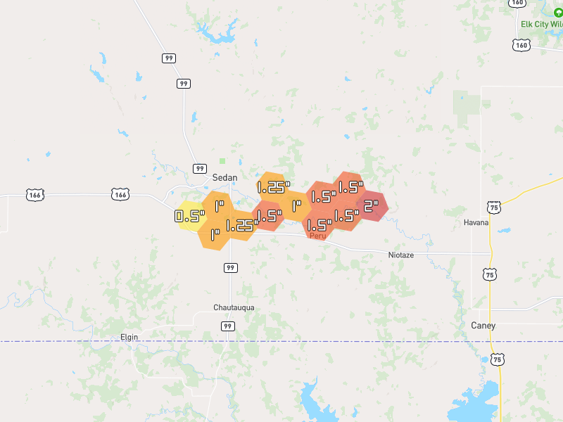 Hail map of Sedan, KS on Jun 1, 2026, hail up to 2"