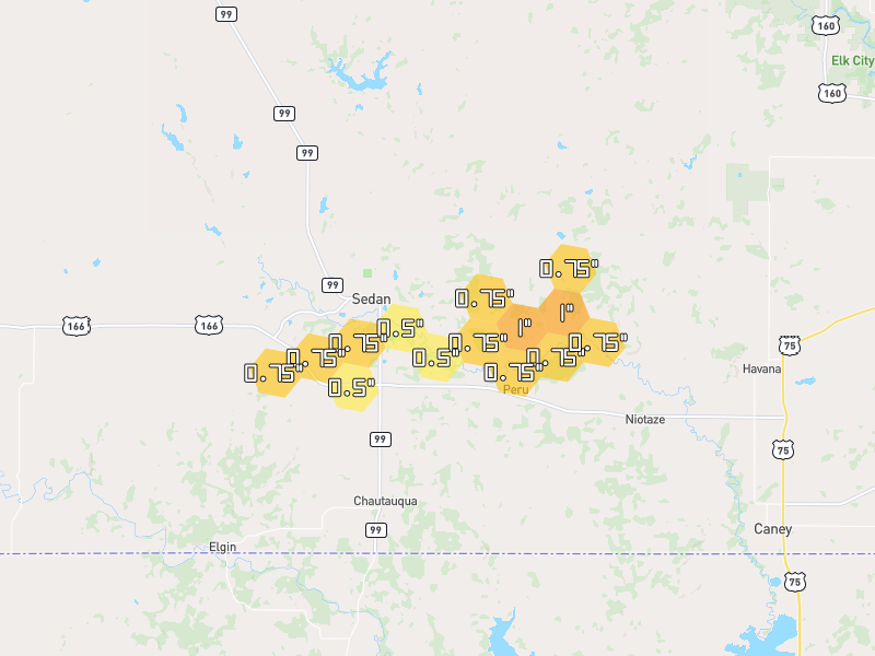 Hail map of Sedan, KS on Jun 27, 2026, hail up to 1"