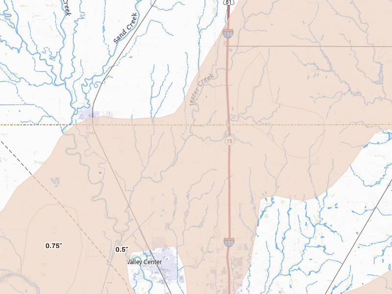 Radar-estimated hail-size map of the storm over Sedgwick, KS on Mar 10, 2026