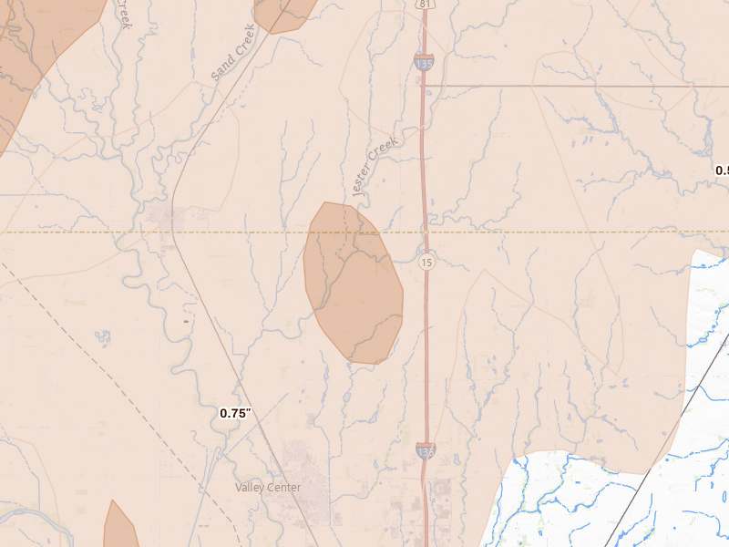 Radar-estimated hail-size map of the storm over Sedgwick, KS on May 18, 2026