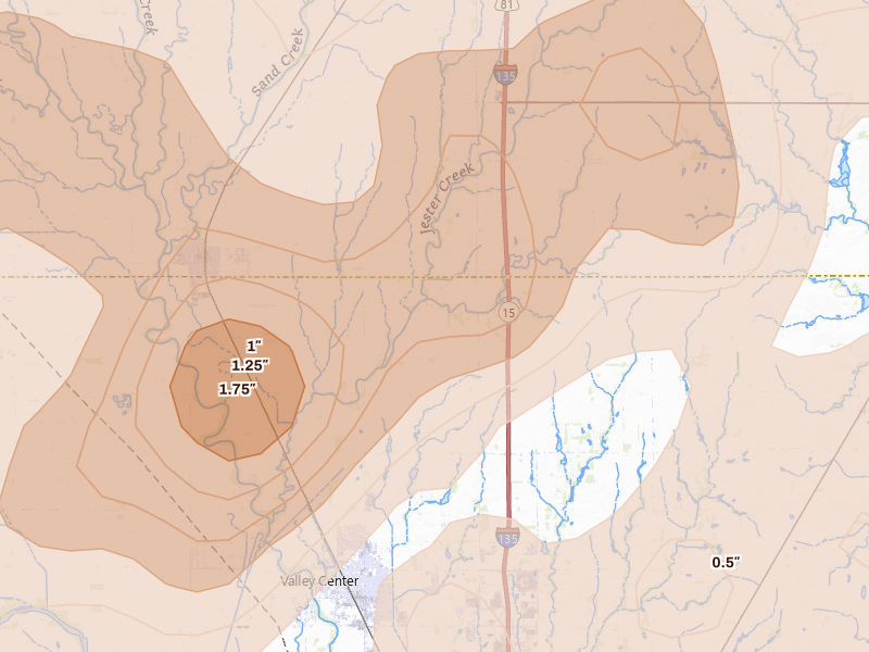 Radar-estimated hail-size map of the storm over Sedgwick, KS on May 30, 2026