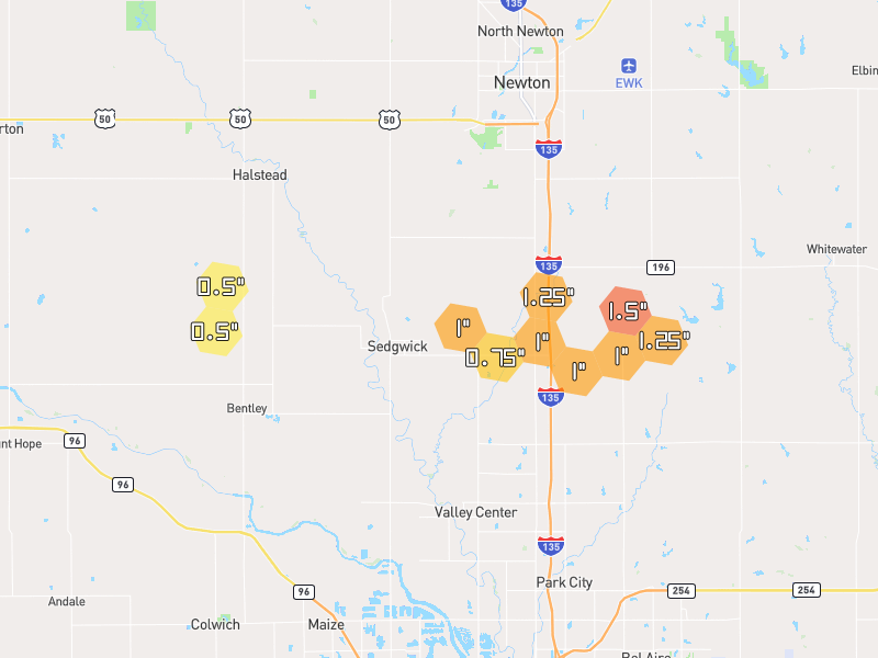 Hail map of Sedgwick, KS on Jun 26, 2026, hail up to 1.5"