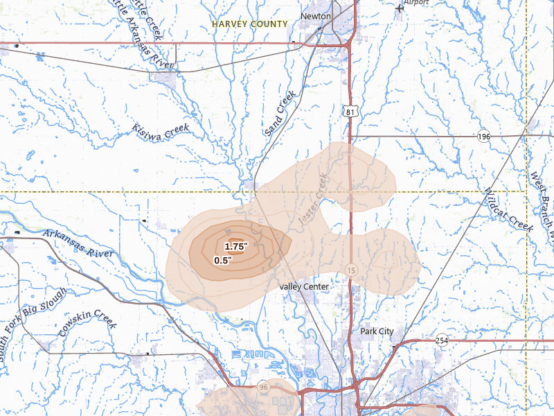 Radar-estimated hail-size map of the storm over Sedgwick, KS on Aug 6, 2026