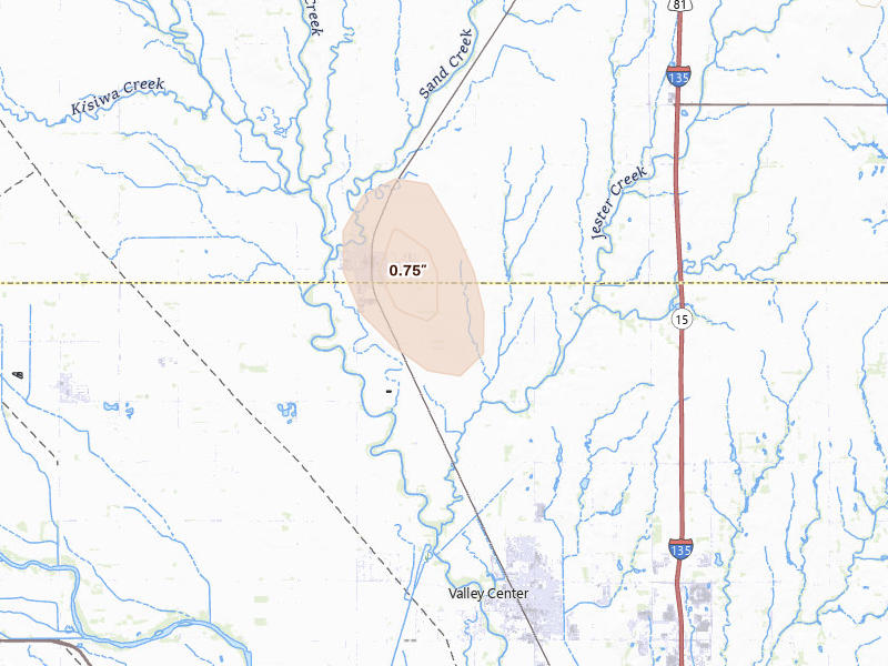 Radar-estimated hail-size map of the storm over Sedgwick, KS on Aug 26, 2026