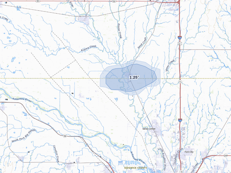 NEXRAD radar-signature map of the hail storm over Sedgwick, KS on Aug 26, 2026