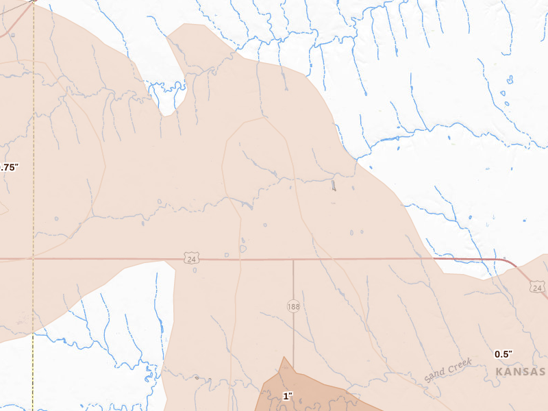 Radar-estimated hail-size map of the storm over Selden, KS on May 16, 2026