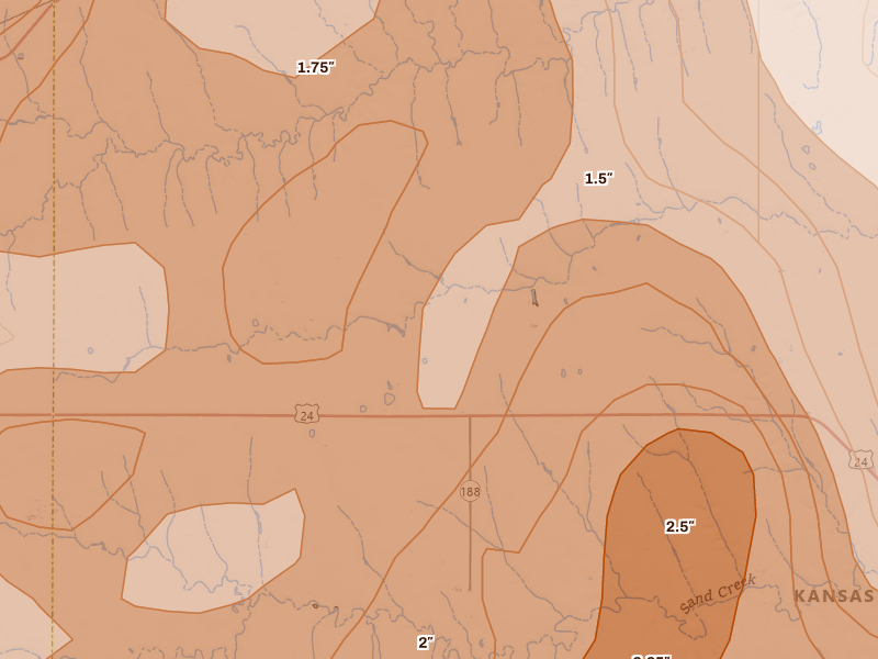 Radar-estimated hail-size map of the storm over Selden, KS on Jun 20, 2026
