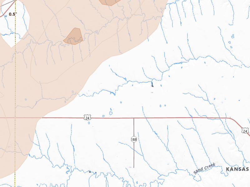 Radar-estimated hail-size map of the storm over Selden, KS on Jul 1, 2026